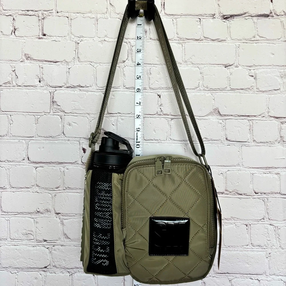 STEVE MADDEN Bavia Olive Green Quilted Crossbody Bag with Attached Water Bottle